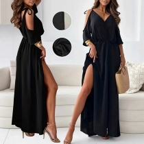 V-Neck Off-Shoulder Suspender Dress