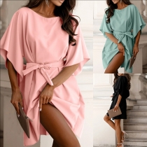 Solid Color Trumpet Sleeve Dress with Waist Tie