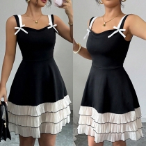 Spaghetti Strap Dress with Contrast Color Multi-Layer Cake Skirt