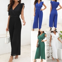 V-Neck High Waist Pleated Wide-Leg Jumpsuit