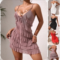 Solid Color Spaghetti Strap Mini Dress with Spliced Ruffle Design