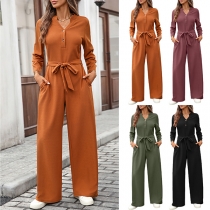 Casual V-Neck Long Sleeve Jumpsuit