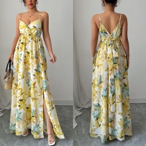 Elegant Printed Suspender Maxi Dress