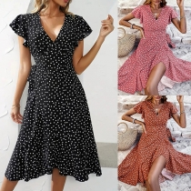 Fashion Dot Printed V-neck Cap Sleeve Wrap Dress