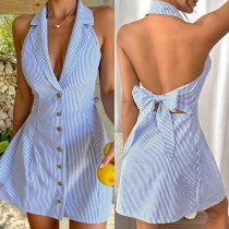 Fashion Verticial Stripe Printed Halterneck V-neck Back Bowknot Backless Dress