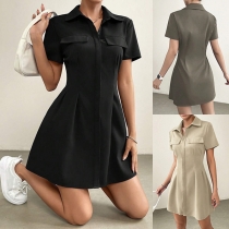 Pleated Waist Lapel Shirt Dress