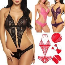 Lace Bodysuit Lingerie Sheer Bikini Style with Buckle Accents