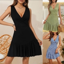 Floral Print V Neck Sundress with Sleeveless Suspender Style and Ruffle Hem