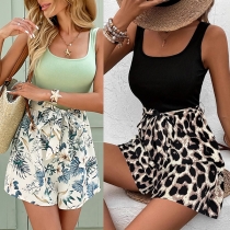 Sleeveless Leopard Print Paneled Vest Jumpsuit