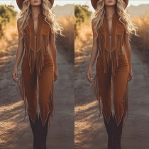 Western Tassel Brown PU Leather Vest Jumpsuit
