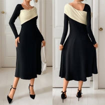 Fashion Contrast Color Knitted Spliced Irregular Neckline Long Sleeve Midi Dress