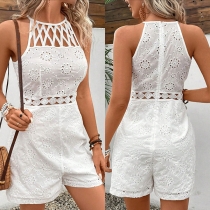 Fashion Mesh-net Crew Neck Sleeveless Hollowout Jacquard Romper