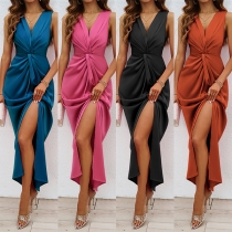 V Neck Twisted Sleeveless Dress Slim Fit with Slit Design