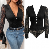Elegant V-neck Front Button Long Sleeve Lace Bodysuit