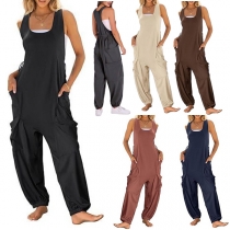 Sleeveless Harem Pants Bodysuit with Suspender and Double Pockets