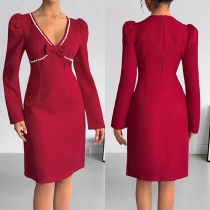 Deep V Neck Red Vintage Dress with Bow and Pearl Accents