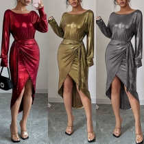 Long Sleeve Maxi Dress with Waist and Slanted Hem