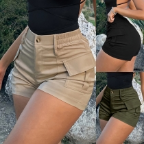 High Waist Cargo Shorts with Button Closure and Pockets