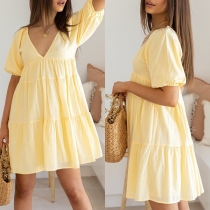 Long Swing Dress with Puff Sleeves and Loose Waist