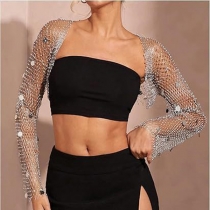 Sparkly Fishnet Cardigan Top with Sequins and Rhinestones