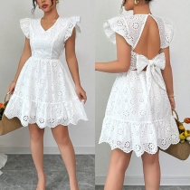 Fashion V-neck Ruffle Cap Sleeve Backless Back Bowknot Jacquard Lace Dress