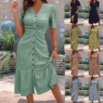 Solid Color Short Sleeve Dress with Center Button Design