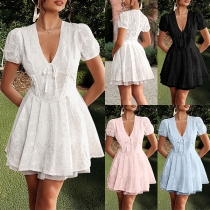 Fashion Solid Color V-neck Short Sleeve Lace Dress