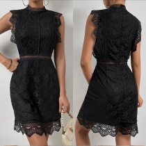 Fashion Mock Neck Sleeveless Jacquard Lace Dress
