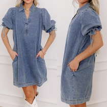Denim Dress with V-neck, Side Pockets, Puff Sleeves and Drawstring Details