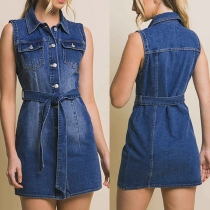 Fashion Stand Collar Sleeveless Front Button Self-tie Old-washed Denim Dress