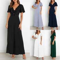 Ruffle Sleeve V-Neck Wide Leg Jumpsuit