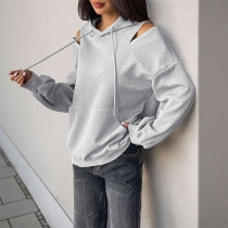 Casual Zipper Open-shoulder Long Sleeve Pullover Sweatshirt with Drawstring Hooded and Kangaroo Pocket