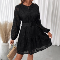 Long Sleeve Waist-Defining Jacquard Dress