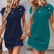 Casual Round Neck A-Line Dress with Button Accents