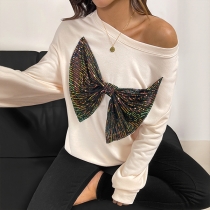 Fashion Crew Neck Long Sleeve Shirt with Sequined Bowknot