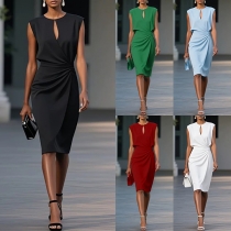 Solid Color Hollow-Out Dress with Knotted Cross Design