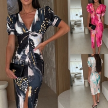 V-Neck High Waisted Slit Dress