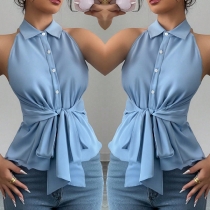 Sleeveless Collared Shirt with Tie and Fold-Over Design