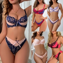 Lace Gathered Bra and Thong Underwear Set