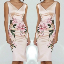 V Neck Sleeveless Bodycon Dress featuring Back Zip Closure