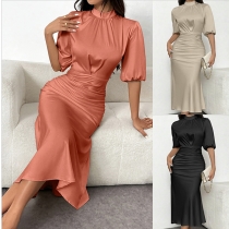 Fashion Solid Color Mock Neck Short Sleeve High-rise Dress