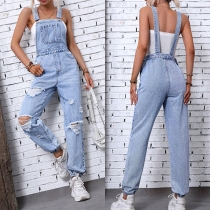 Ripped Denim Overalls with Backpack-Style Straps