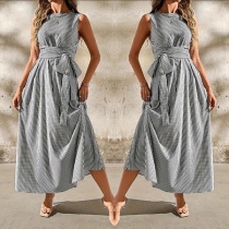 Striped Sleeveless Dress featuring Side Pockets