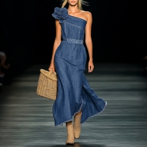 Off-the-Shoulder Denim Maxi Dress featuring 3D Floral Appliqué