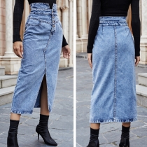 High-Waisted Slim Hip Denim Skirt featuring Front Slit