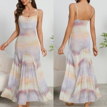 Printed Gradient Maxi Dress with Mesh Collar Insert