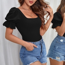 Slim Fit Square Neckline Top with Puff Sleeves