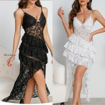 Suspender Strap Lace Nightdress featuring Irregular Ruffled Layers