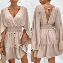 Fashion Solid Color V-neck Backless Smocked Waist Mini Dress