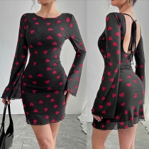 Bell Sleeve Heart Print Dress featuring Open Back Mesh Design